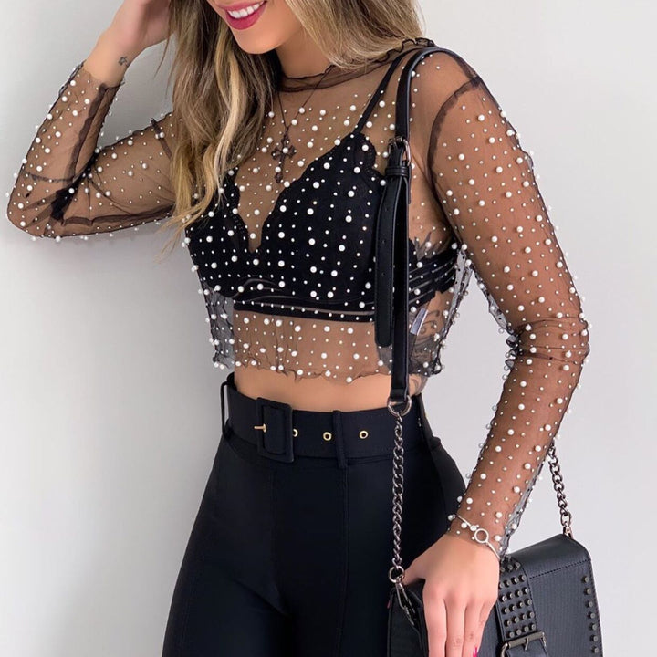 Dame Cropped T-shirt med sjove perler og gennemsigtigt design Stilla