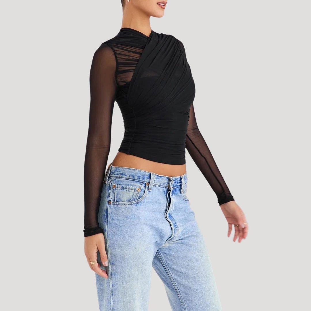 Stilla | Gennemsigtig Mesh Langærmet Wrap Top