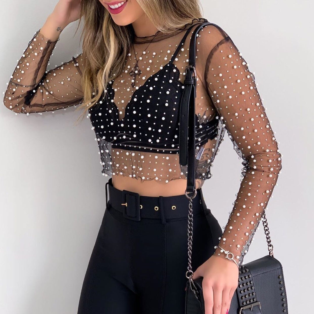 Dame Gennemsigtig Perlebesat Crop Top Stilla
