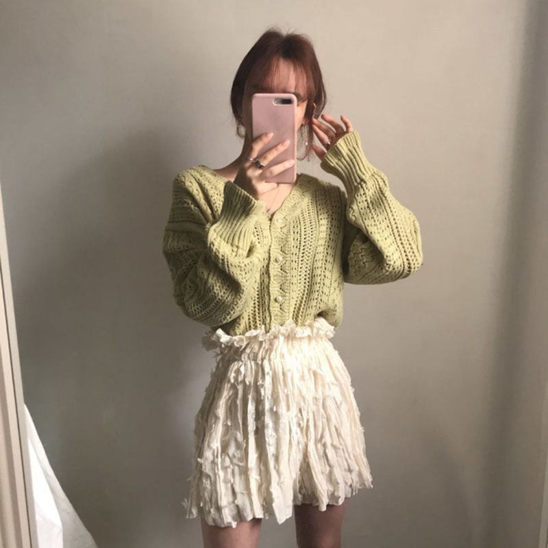 Femme Button-Up Open-Knit Cardigan Stilla