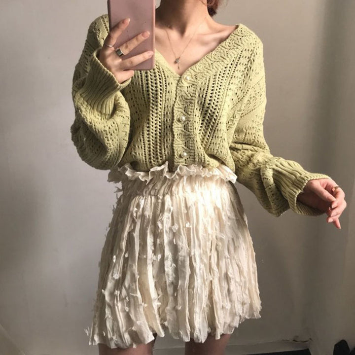 Femme Button-Up Open-Knit Cardigan Stilla