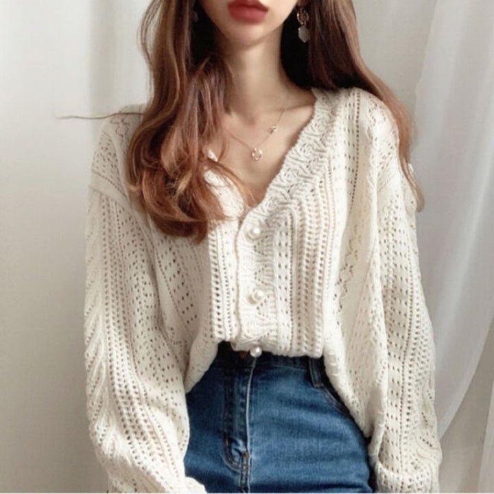 Femme Button-Up Open-Knit Cardigan Stilla