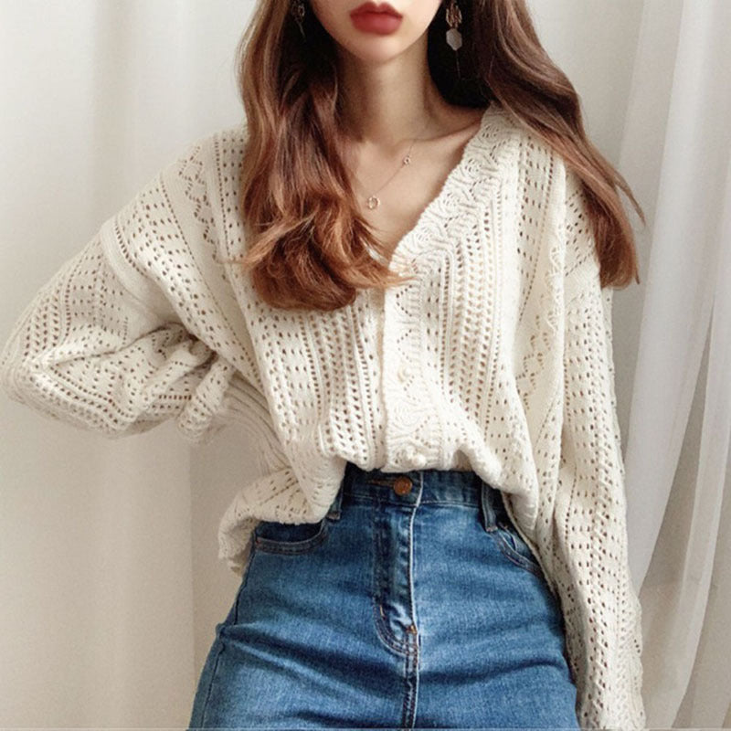 Femme Button-Up Open-Knit Cardigan Stilla
