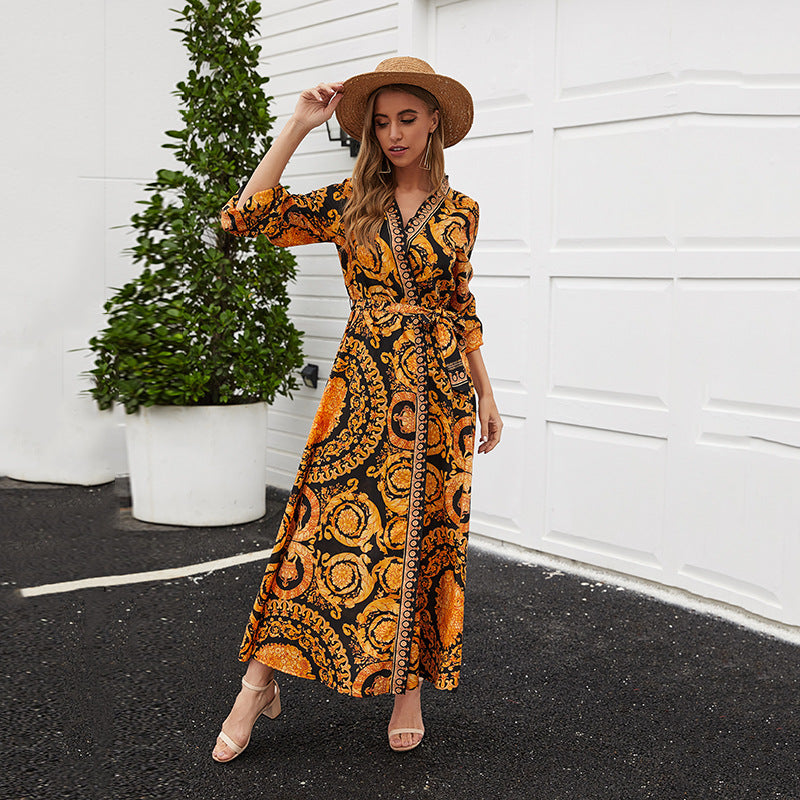 Dame Boho-inspireret langærmet kjole med elegante grafikdesigns og taljebælte Stilla