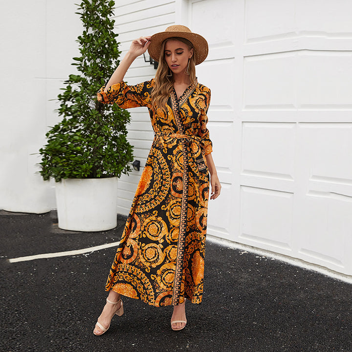 Dame Boho-inspireret langærmet kjole med elegante grafikdesigns og taljebælte Stilla