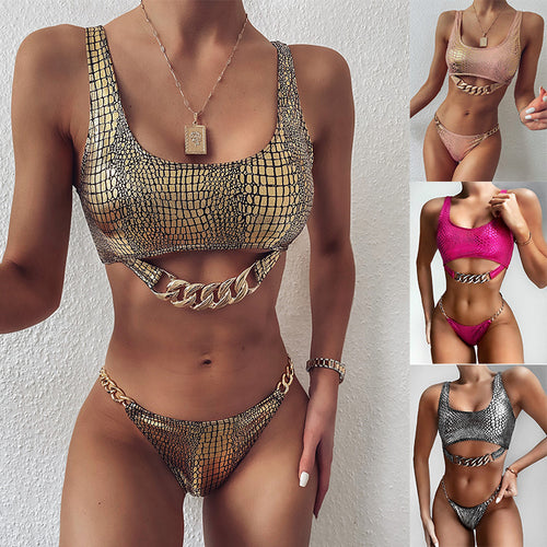Dame Bikini-sæt med skinnende slange mønster og modige kædeaccentar Stilla