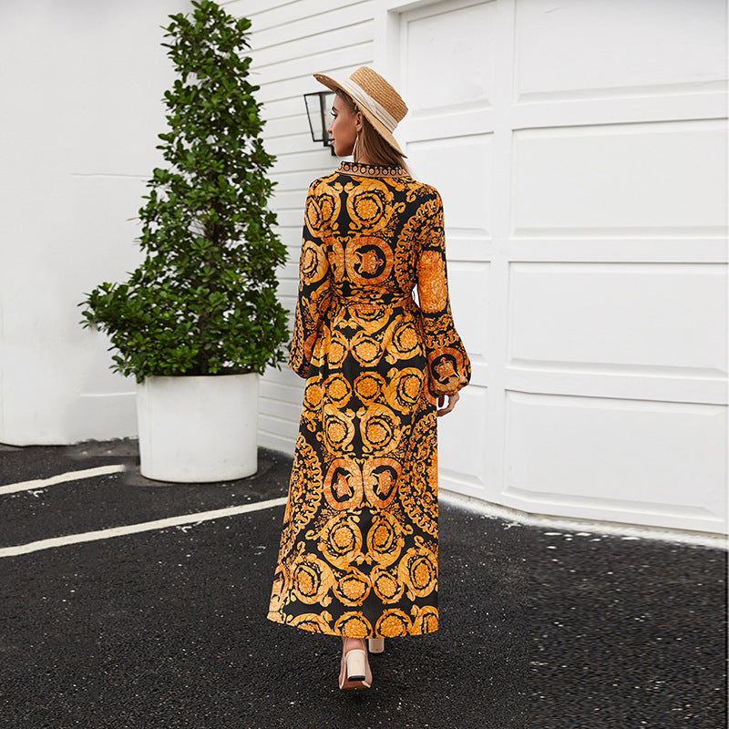 Dame Boho-inspireret langærmet kjole med elegante grafikdesigns og taljebælte Stilla