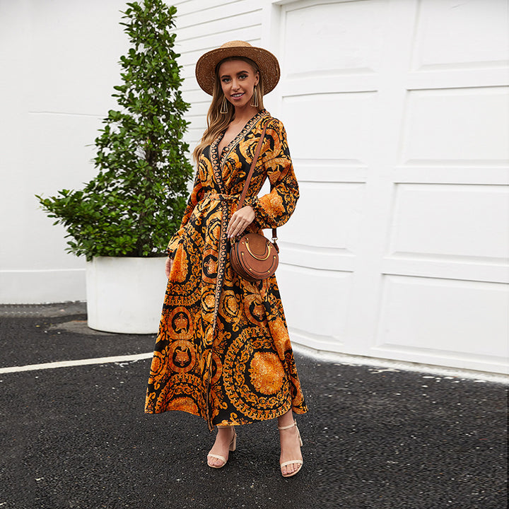 Dame Boho-inspireret langærmet kjole med elegante grafikdesigns og taljebælte Stilla