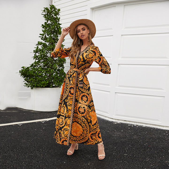 Dame Boho-inspireret langærmet kjole med elegante grafikdesigns og taljebælte Stilla