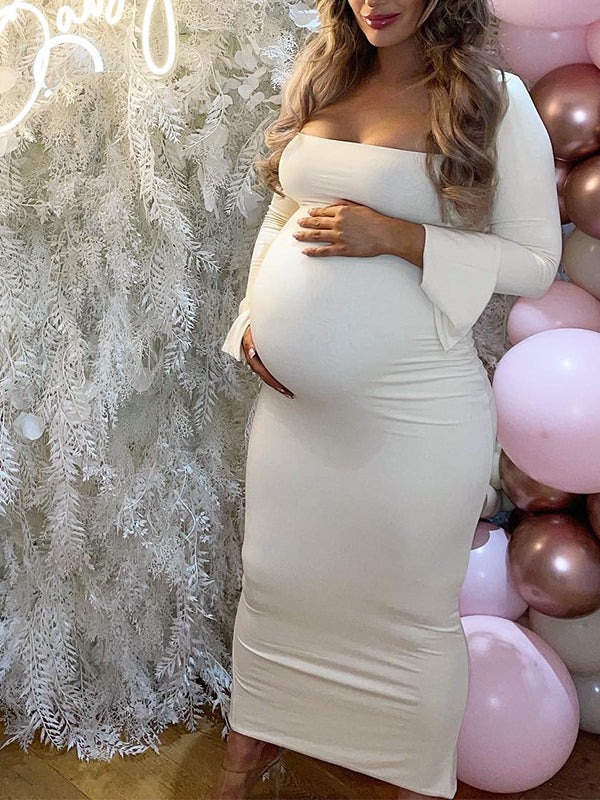 Stilla | Bianco Elegante Lang Kjole Graviditet Lange Ærmer Tynd Slids Fyrkantet Krave Velegnet Til Fotoshoots Elegante Graviditetskjoler