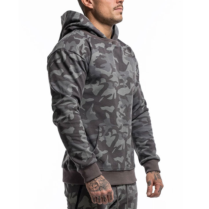 Herrer behagelig hættetrøje med moderne camouflage-mønster og stor kengurulomme Stilla