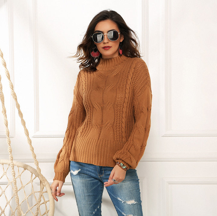 Dame grovstrik pullover med høj krave og flette design Stilla