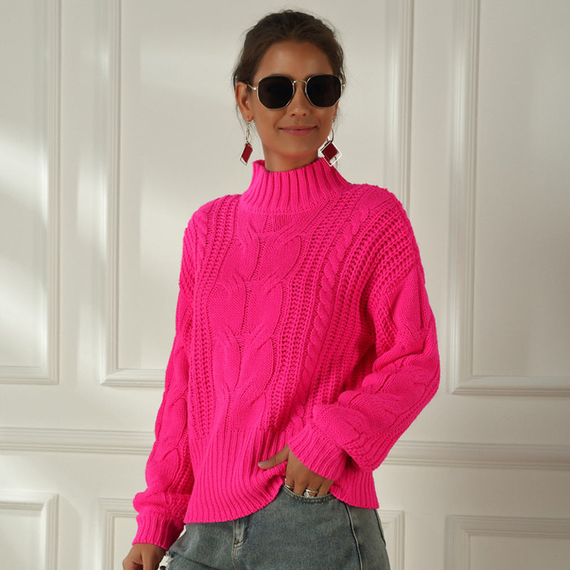 Dame grovstrik pullover med høj krave og flette design Stilla