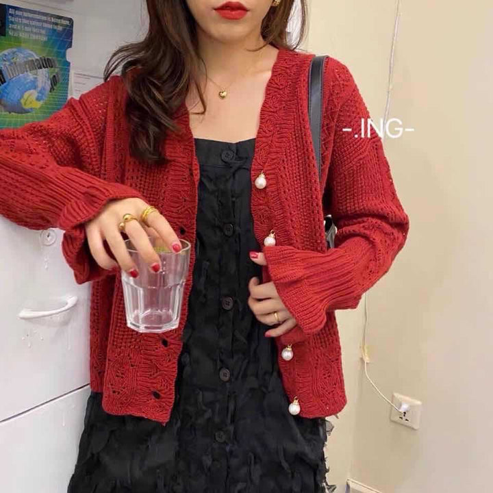 Femme Button-Up Open-Knit Cardigan Stilla
