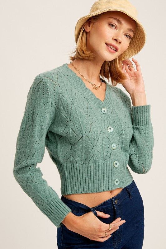 Stilla | Hals Scallop Edge Button Down Crop Knit Cardigan