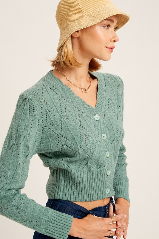 Stilla | Hals Scallop Edge Button Down Crop Knit Cardigan