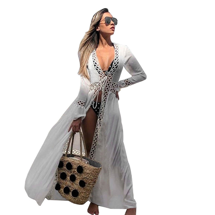 Dame Strandkimono med raffineret blonde og lange ærmer Stilla