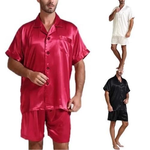 Unisex nan silke-glinsende kortærmet pyjamasæt med skjorte-krave og elastisk linning Skovae