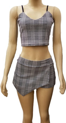 Stilla | Plaid Crop Top Og Kuvert Skort Sæt