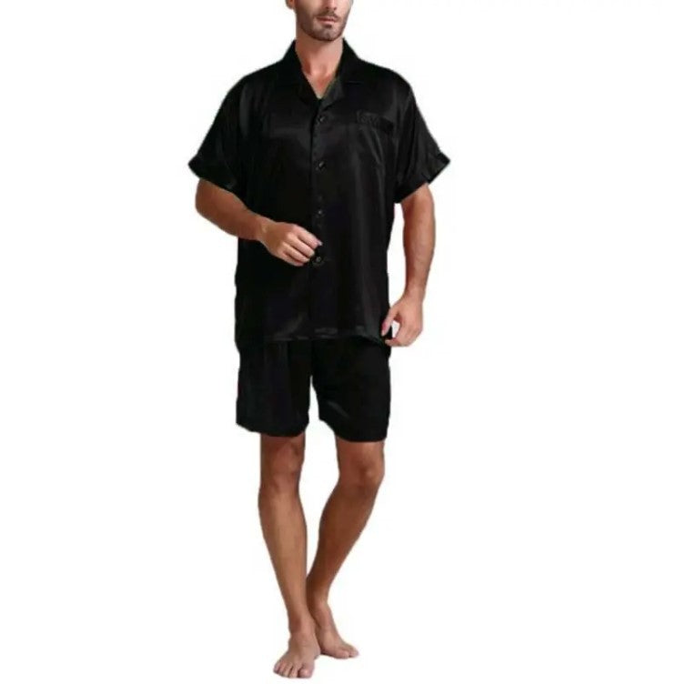 Unisex nan silke-glinsende kortærmet pyjamasæt med skjorte-krave og elastisk linning Skovae