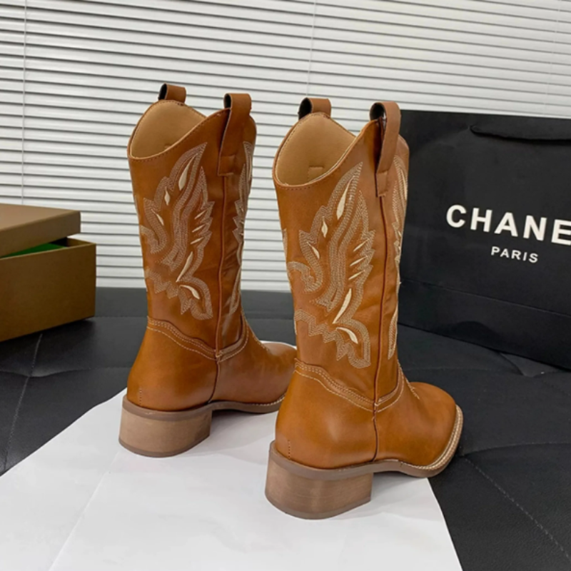 Skovae | Western stil støvler dame med spids tå og blokhæl, cowboy støvler dame
