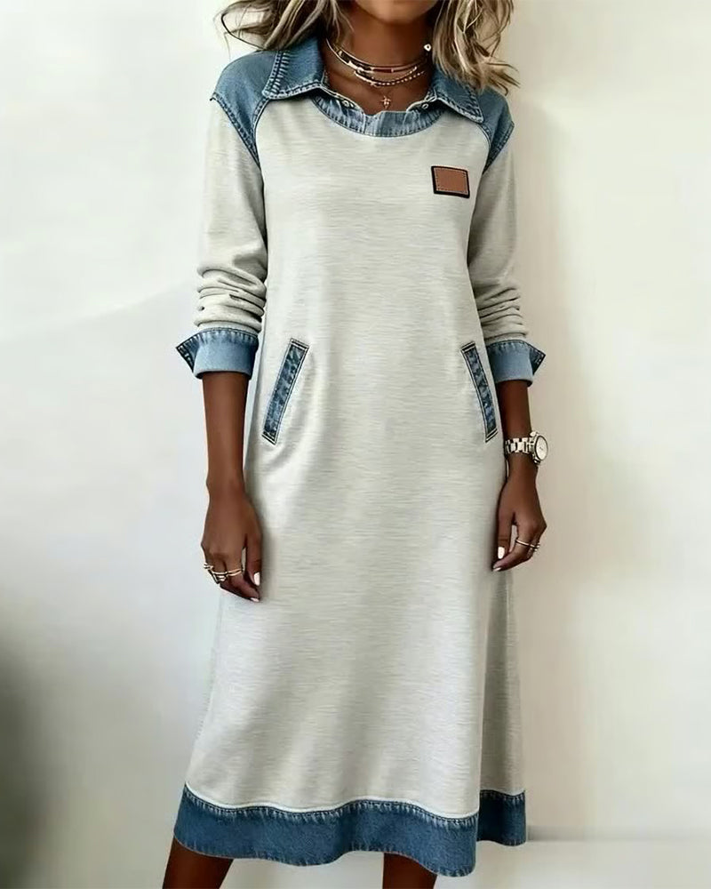 Stilla | Kjole med revers i denim patchwork