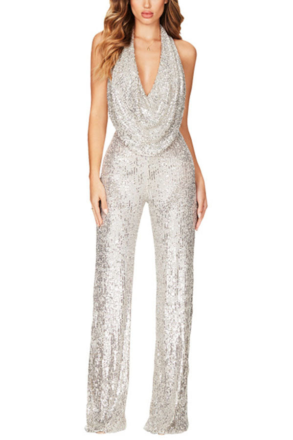 Stilla | Glitrende Halter Stil Draperet Hals Bred Ben Jumpsuit