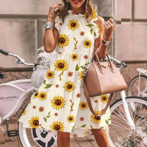 Damekjole med blomsterprint og flæser Stilla