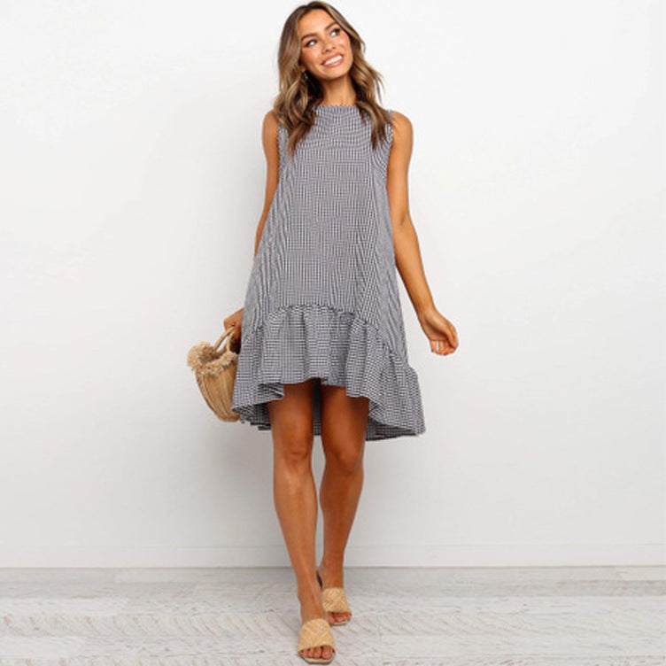 Femme High-Low Gingham Shift Kjole med Flæsekant Stilla