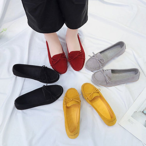 Dame nano femininer Velours‑slipon loafers med håndsyet forblad, dekorativ sløjfe og dæmpet memory-inderlægsso.