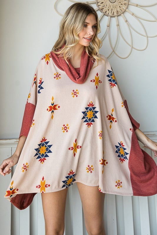 Stilla | Print Cowl Neck Oversized Poncho