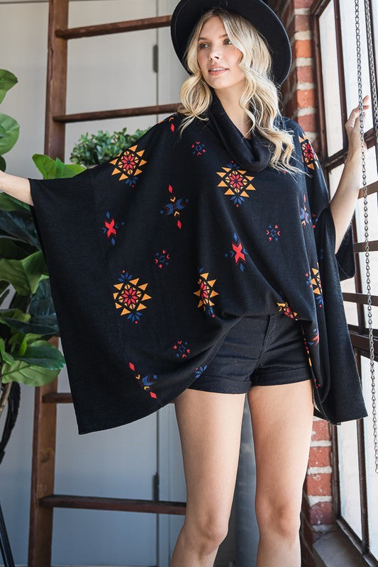 Stilla | Print Cowl Neck Oversized Poncho