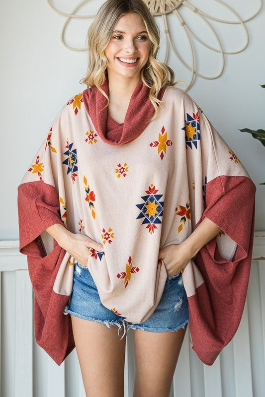 Stilla | Print Cowl Neck Oversized Poncho