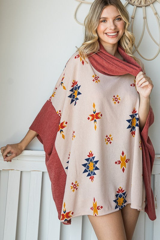Stilla | Print Cowl Neck Oversized Poncho