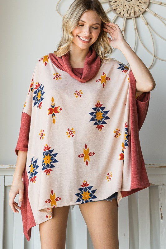 Stilla | Print Cowl Neck Oversized Poncho