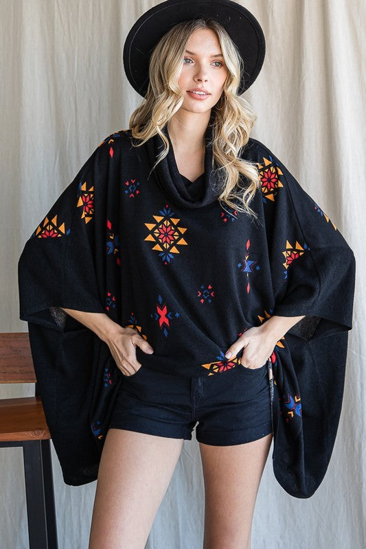 Stilla | Print Cowl Neck Oversized Poncho