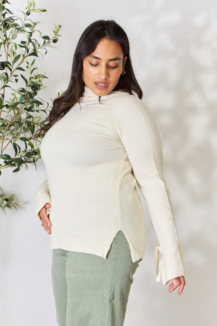 Stilla | Full Size Ribbet Sløjfe Detalje Langærmet Turtleneck Strik Top