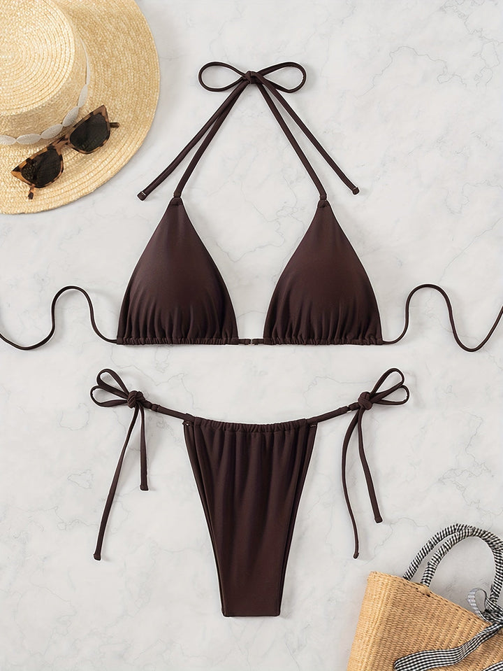 Stilla | Delt Bikini Trekantet Sæt Ensfarvet Med Halter Og Snøring