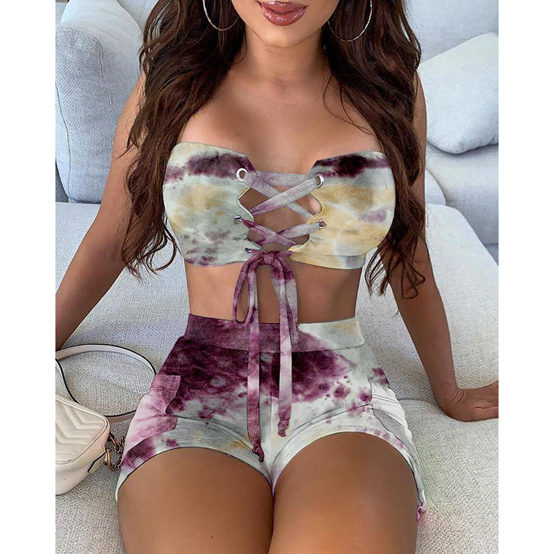 Kvinder Tie-Front Crop Top og Mini-Shorts Sæt Stilla