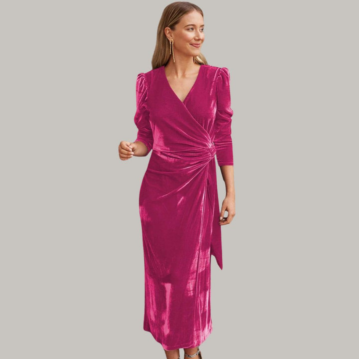 Stilla | Lang Midi Kjole Wrap-Type af Velours med Puffærmer