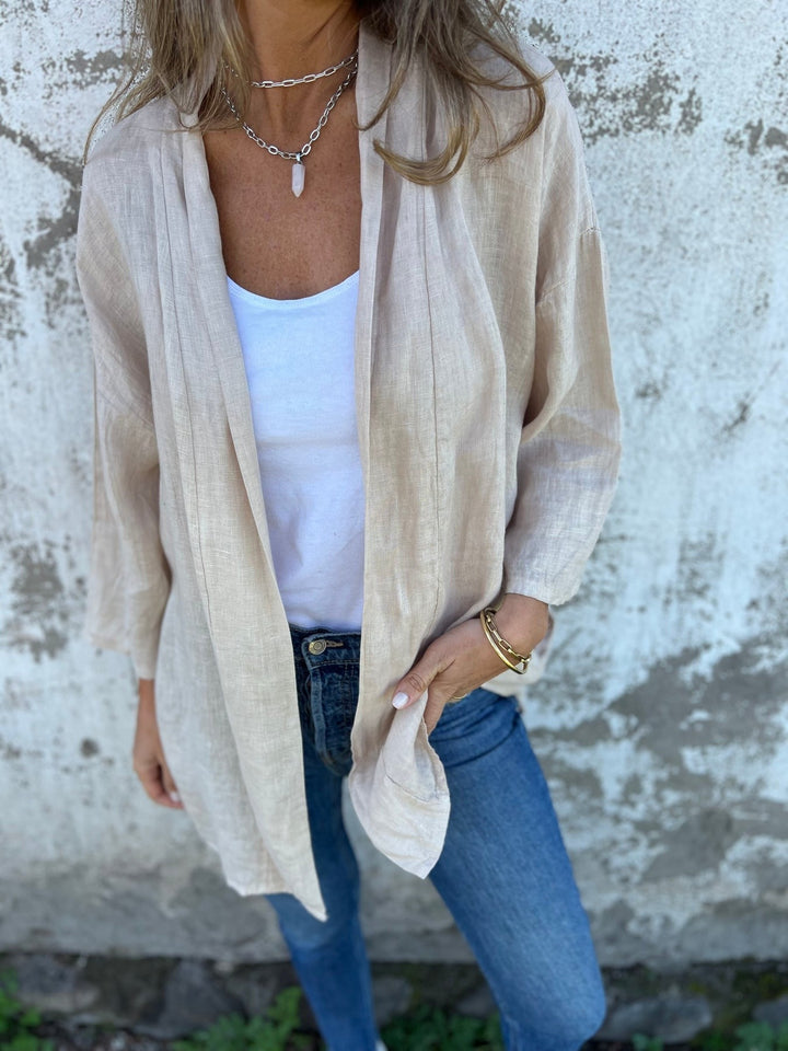 Stilla | Linned cardigan med volanger og 3/4-ærmer