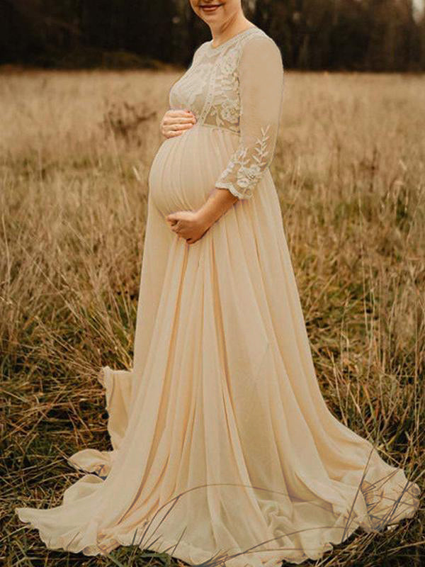 Stilla | Patchwork Rete Rundhalset Kjoler Til Fototjenester in Blonde Elegante Premaman Kjole