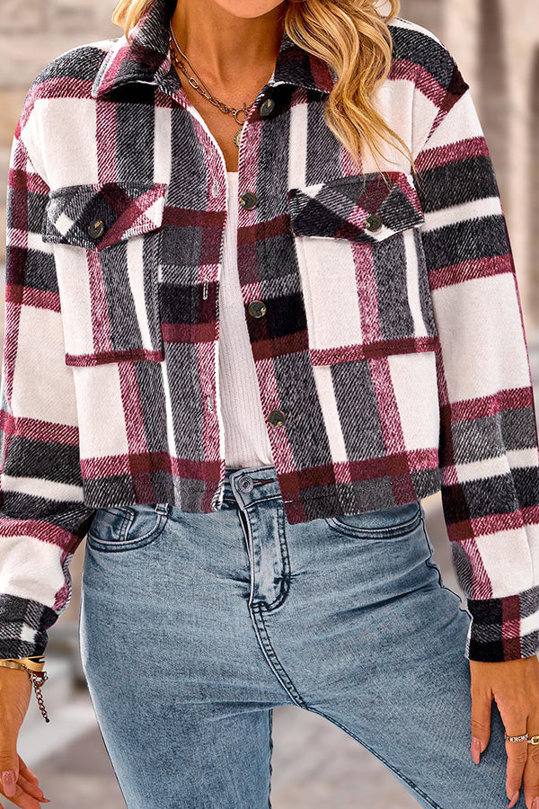 Stilla | Pocket Fashion Casual Cropped Damen Tjekket Jakke