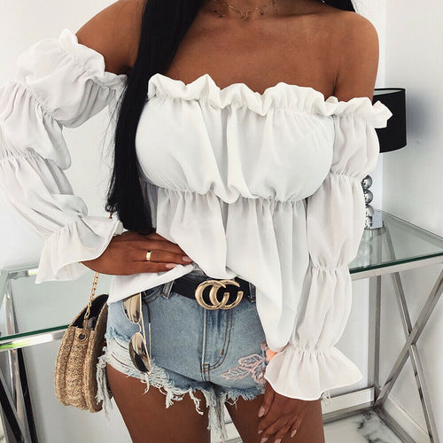 Dame Off-Shoulder Bluse med volanger og elastisk afslutning Stilla