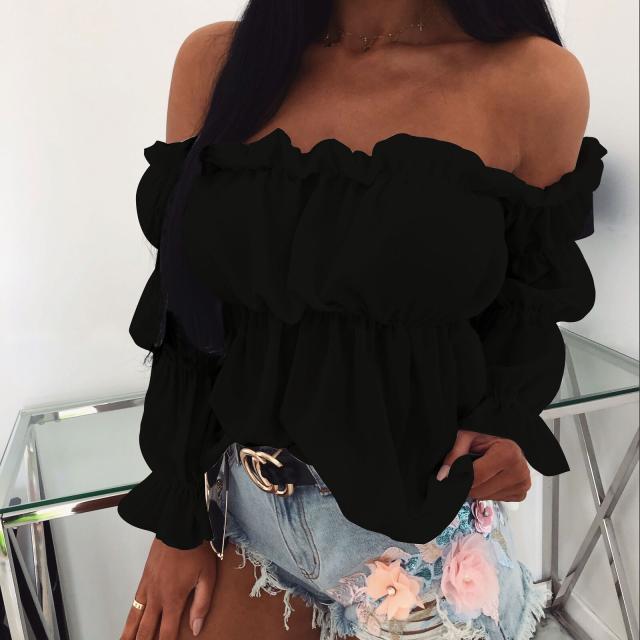 Dame Off-Shoulder Bluse med volanger og elastisk afslutning Stilla