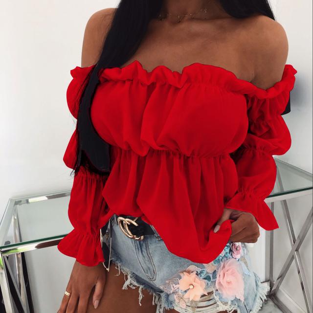 Dame Off-Shoulder Bluse med volanger og elastisk afslutning Stilla
