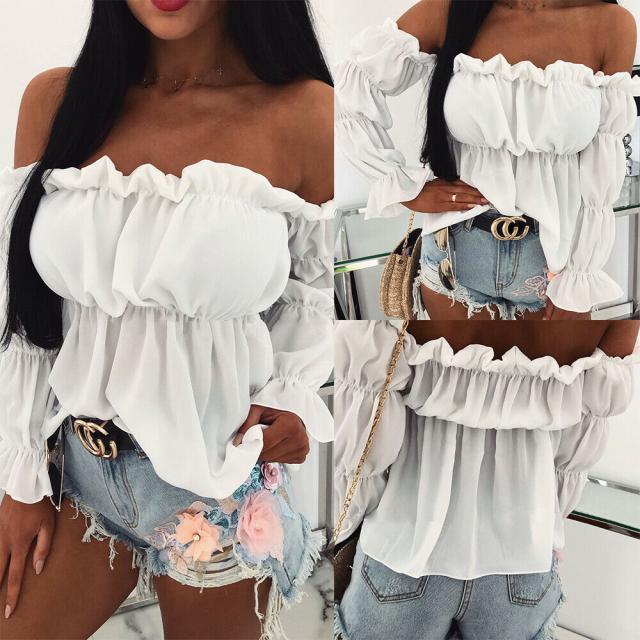 Dame Off-Shoulder Bluse med volanger og elastisk afslutning Stilla
