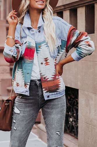 Stilla | Casual Jeansjakke med Lange Ærmer, Street Print, Patchwork Sløjfe, Omslået Krave
