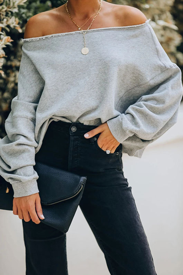 Stilla | Elegant Ensfarvet Casual Tops Med Skulderfri og Splittede Ærmer