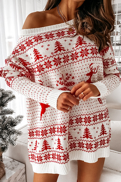 Stilla | Wapiti Casual Pullover Med Snefnug og Juletrætryk, Kontrastierende Patchwork Kjole Med Rund Halsudskæring